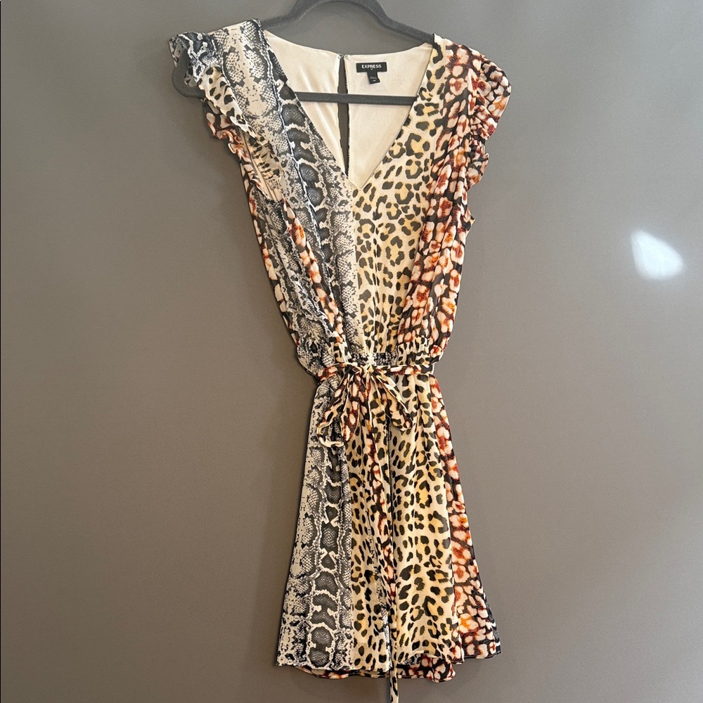Express Multi Animal Print V-Neck Tie-Waist Mini Dress - Beige, Black, Brown